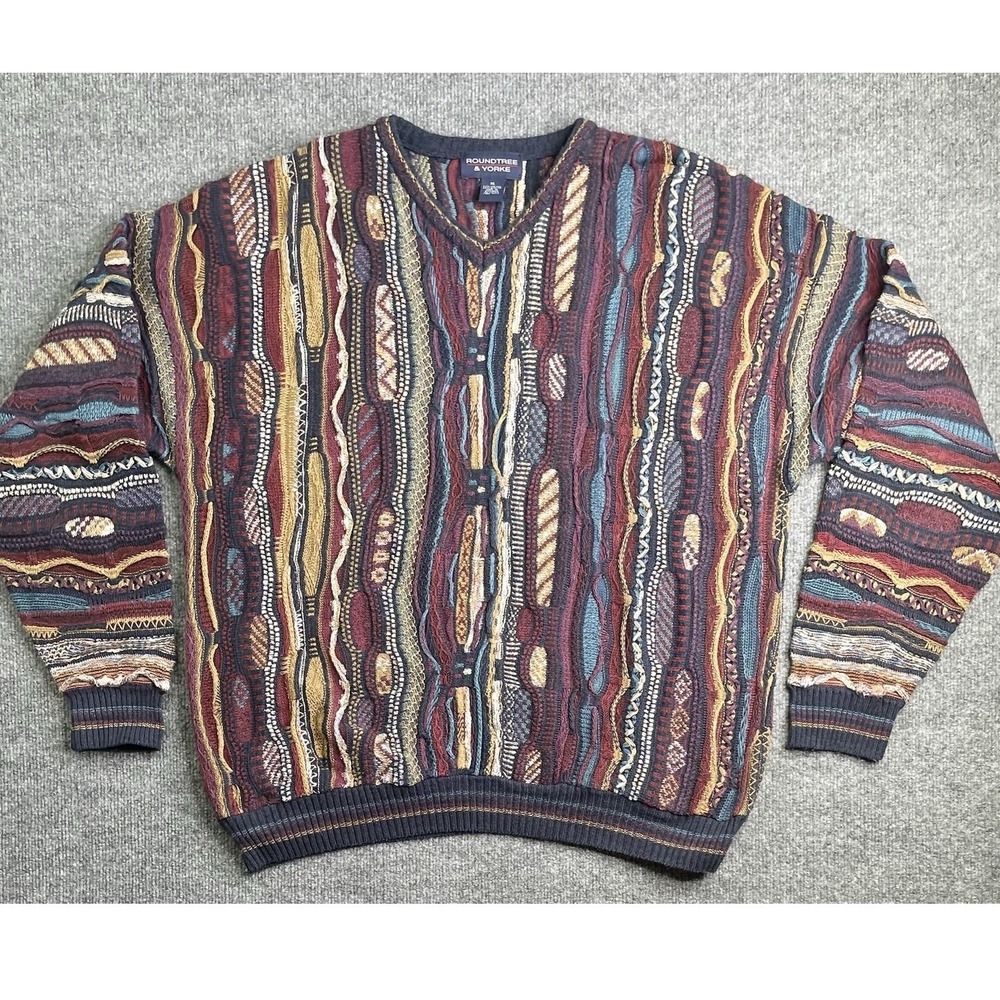 Roundtree & Yorke Sweater Mens XL Multi Color 3D Textured Knit V-Neck Vintage